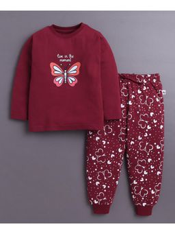 Bumzee - Wine Girls Full Sleeves Cotton T-Shirt and Pyjama