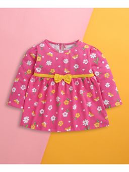 Bumzee - Pink Girls Full Sleeves Cotton Knee Length Dress