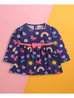 Bumzee - Navy Girls Full Sleeves Cotton Knee Length Dress