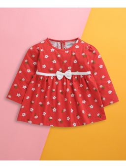Bumzee - Red Girls Full Sleeves Cotton Knee Length Dress