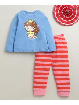 Bumzee - Blue and Pink Girls Full Sleeves Cotton T-Shirt and Pyjama