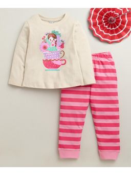 Bumzee - Beige and Pink Girls Full Sleeves Cotton T-Shirt and Pyjama