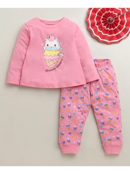 Bumzee - Pink Girls Full Sleeves Cotton T-Shirt and Pyjama
