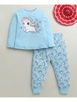 Bumzee - Blue Girls Full Sleeves Cotton T-Shirt and Pyjama