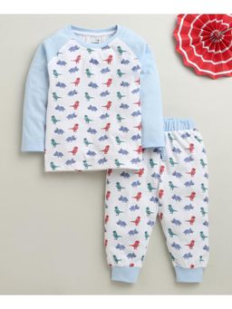 Bumzee - White Boys Full Sleeves Cotton T-Shirt and Pyjama