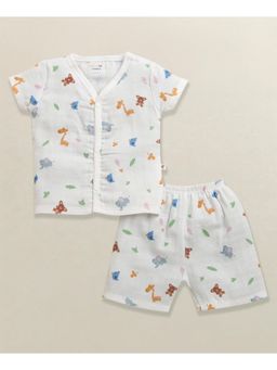 Bumzee - White Baby Boys Half Sleeves Pure Cotton Muslin Jabla and Short