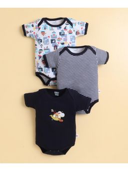 Bumzee - Navy and White Boys Half Sleeves Bodysuit (Pack of 3)