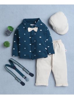 Bumzee - Beige and Teal Boys Full Sleeves Shirt Pant With Suspender and Cap