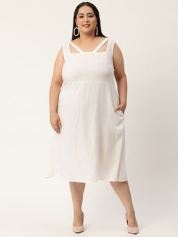 theRebelinme - Plus Size Women White Solid Color A-Line Midi Dress