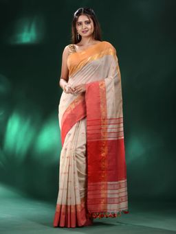 CHARUKRITI - Off White Handspun Cotton Handwoven Saree with Unstitched Blouse