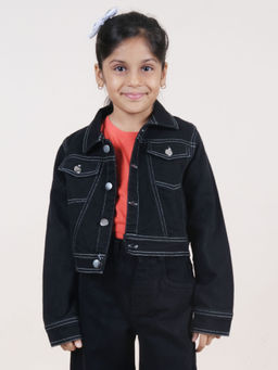 KiddoPanti - Girls Embroidered Crop Full Sleeves Denim Jacket