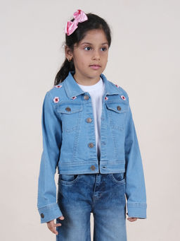 KiddoPanti - Girls Crop Denim Jacket with Flower