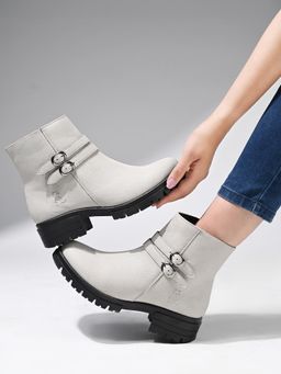 Louis Stitch - Women's Off White Elegant Mid-Top Double Buckle Slip-On Casual Boots