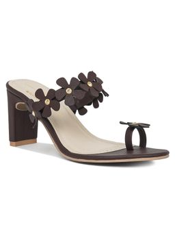 London Rag - Women Floral Applique Slip-On Block Sandal Heels - Brown