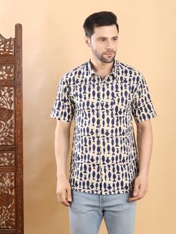 AAVYAM - Half-Sleeves Beige and Navy Cotton Shirt