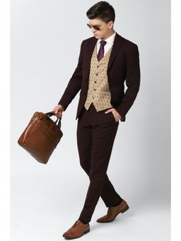 Peter England - Men Brown Textured Slim Fit Formal Three Piece Suit (Set of 3)