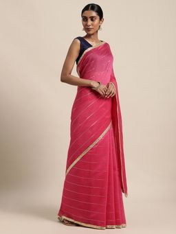 Vastranand - Pink Striped Sequinned Saree with Unstitched Blouse