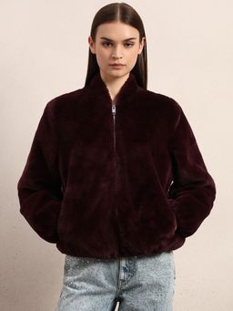 VERO MODA - Maroon Polyester Zipper Jacket
