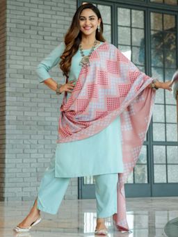 Rustorange - Sky Blue Kurta Pant With Baby Pink Bandhani Dupatta (Set of 3)