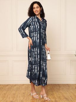 Deebaco - Women Navy Blue Tie-Dye Pure Rayon Shirt Dress