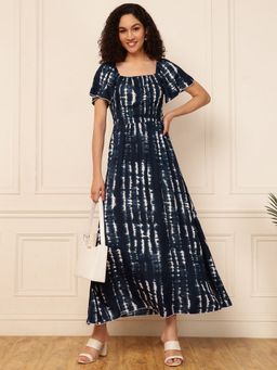 Deebaco - Women Blue Tie Dye Pure Rayon A-Line Dress