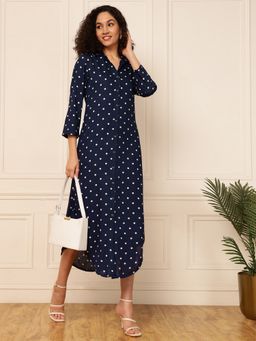 Deebaco - Women Blue Polka Pure Rayon Shirt Dress