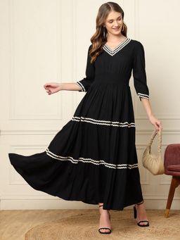 Deebaco - Women Black V-Neck Tiered Pure Rayon Dress