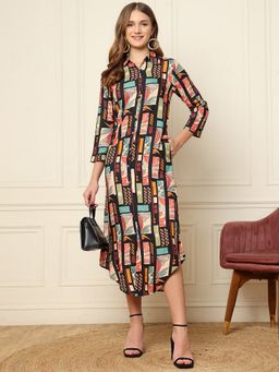 Deebaco - Women Multi Color Box Abstract Printed Shirt Dress