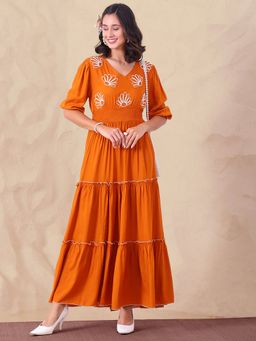 Deebaco - Women Tan Orange Pure Rayon Embroidered Tiered Maxi Dress