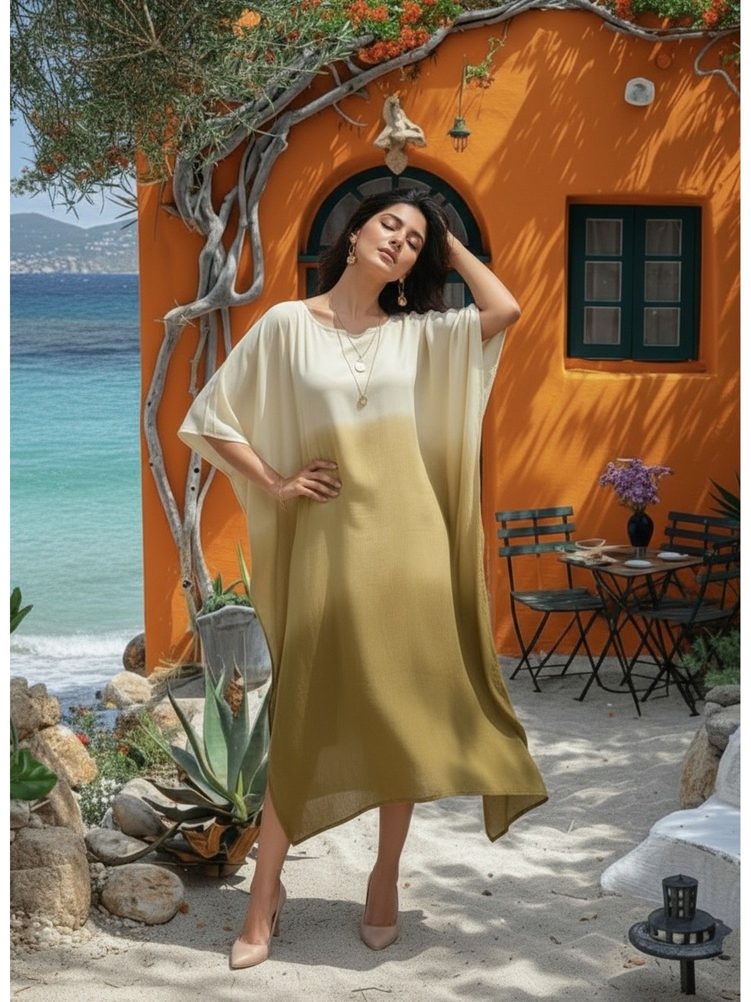 maaesa Women Mustard Handcrafted Tie-Dye Rayon Crepe Kaftan Dress-picture-21