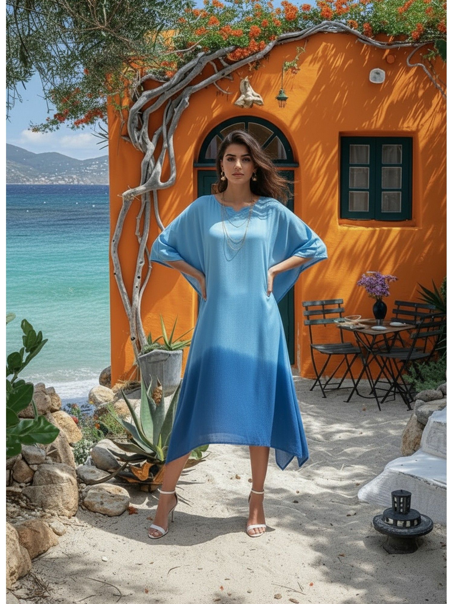 maaesa Women Aqua Handcrafted Tie-Dye Rayon Crepe Kaftan Dress-picture-30