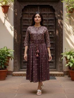Rangita - Women Brown Rayon Printed Flared Calf Length Dress