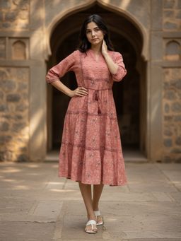 Rangita - Women Pink Viscose Poly Printed Flared Calf Length Dress