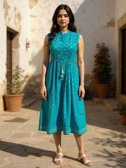 Rangita - Women Teal Poly Viscose Embroidered Flared Calf Length Flared Dress