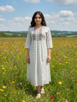 Rangita - Women Off White Rayon Embroidered Flared Calf Length Dress