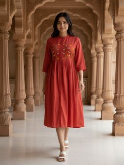 Rangita - Women Coral Rayon Embroidered Flared Calf Length Dress
