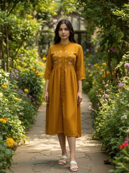 Rangita - Women Mustard Rayon Embroidered Flared Calf Length Dress
