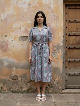 Rangita - Women Light Blue Cotton Printed Calf Length Shirt Dress