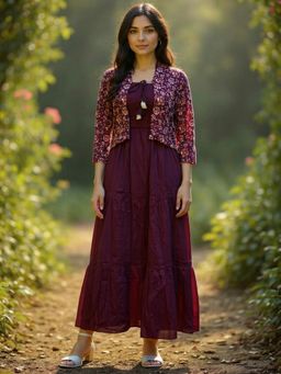 Rangita - Women Wine Rayon Solid Dress with Printed Shrug