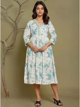 Rangita - Women Blue Cotton Embroidered Flared Calf Length Dress