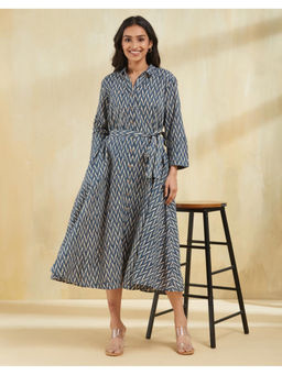 Fabindia - Blue Cotton Hand Block Printed Midi Dress with Belt (Set of 2)