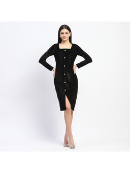 Madame - Black Square Neck Buttoned Bodycon Dress