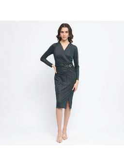 Madame - Green Buckle Detailed Shimmery Rib Knit Bodycon Dress