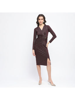 Madame - Wine Buckle Detailed Shimmery Rib Knit Bodycon Dress