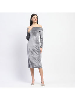 Madame - Grey Off Shoulder Self Design Velvet Midi Dress