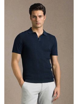 Louis Philippe - Men Navy Textured Polo Neck T-Shirt