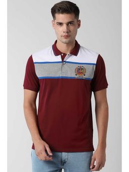 Peter England - Men Maroon Stripe Polo Neck T-Shirts