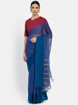 Fabindia - Blue Stripe Cotton Woven Loom Contrast Tassel Border Saree without Blouse