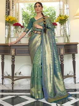 Akhilam - Women Silk Blend Teal Blue Woven Design Handloom Saree with Blouse Piece