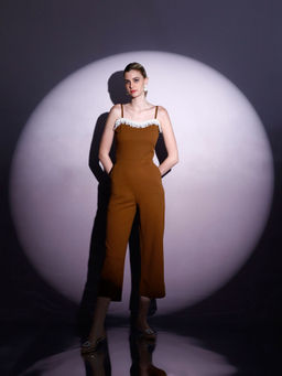 AAREIN - Women Solid Shoulder Straps Brown Jumpsuit